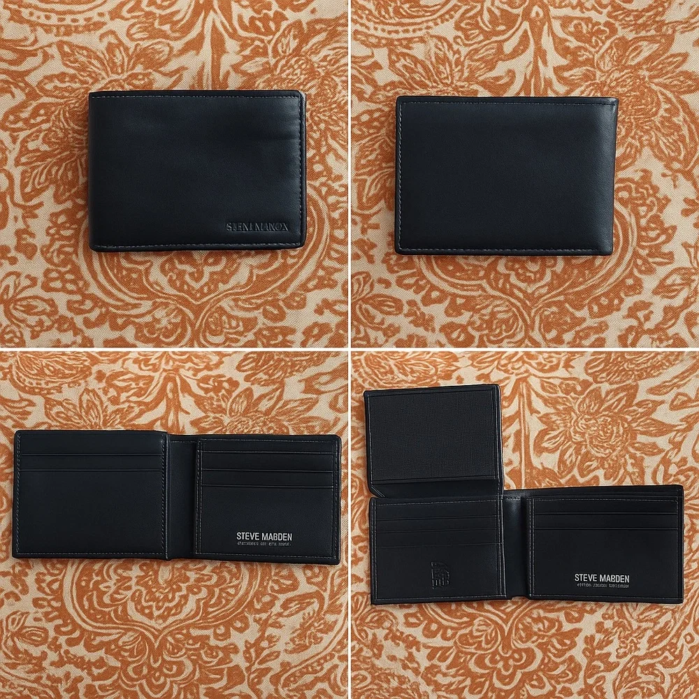 Men’s Steve Madden Genuine Leather Black Bifold Wallet RFID Protection